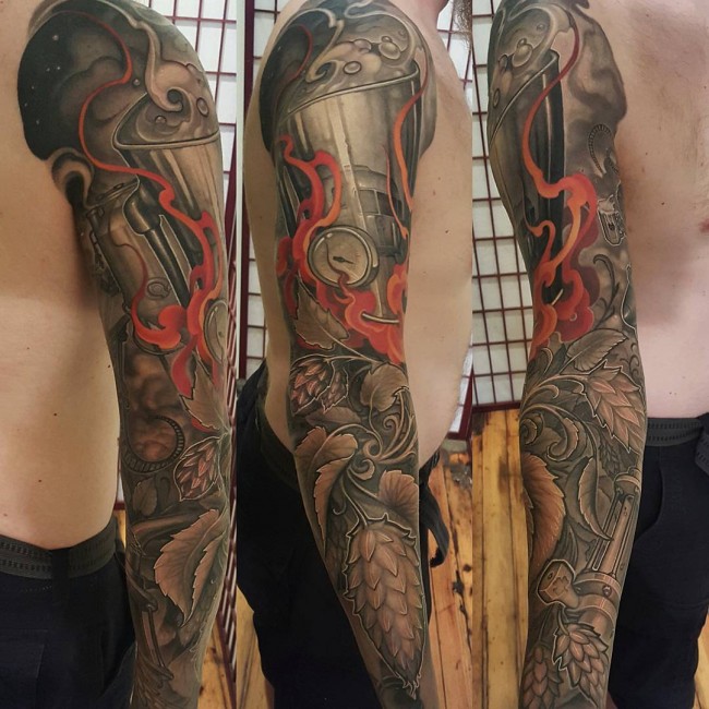 Colored mixed tatoo on full sleeve (Tattoo Pictures)