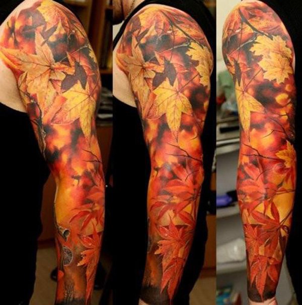 Autumn leaves in color on full sleeve