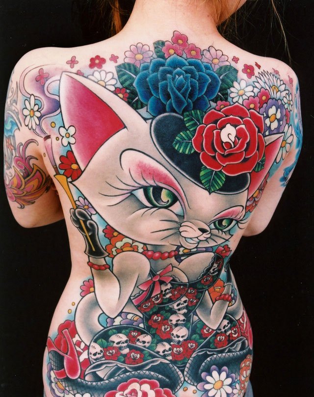 Fantastic animated cartoon cat on girl full back