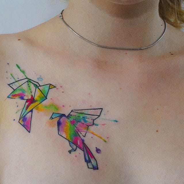 Poetic origami big colored birds on chest