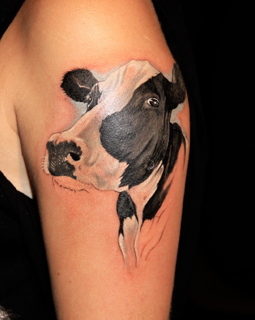Black And Grey Cow Head Tattoo On Man Chest