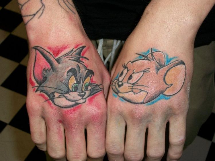 Tom and jerry matched colored tatoo on hands