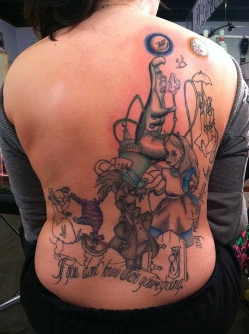 Alice in wonder land cartoon tattoo on back