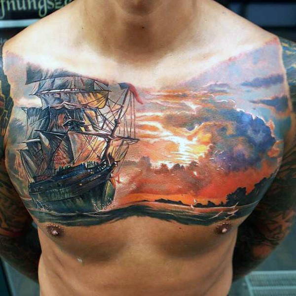 Astounding orange sky and ship in water color