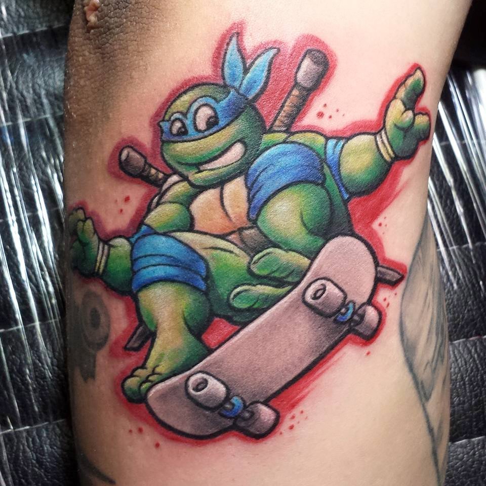 Big colored njinja turtle donatelo on skateboard cartoon