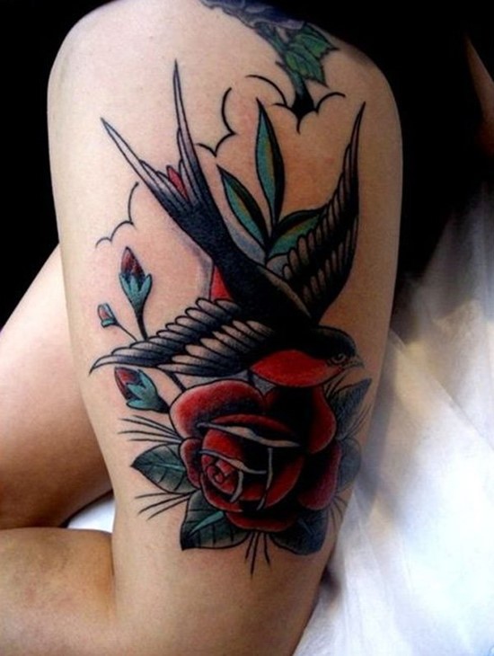 Big colored swallow with red rose