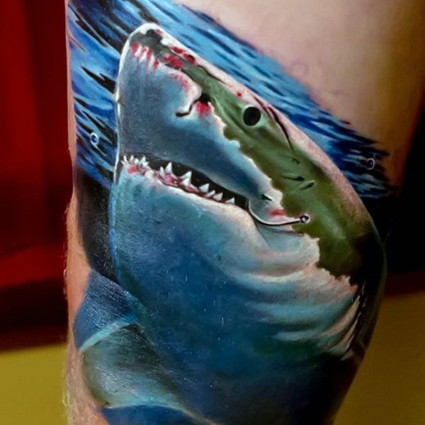Bloody shark realistic tattoo mens arms