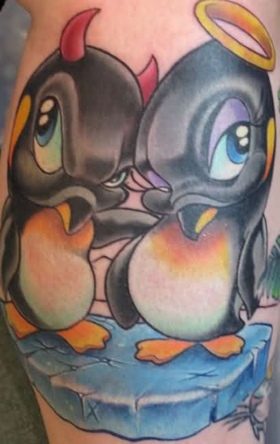 Cartoon devil and angel penguins