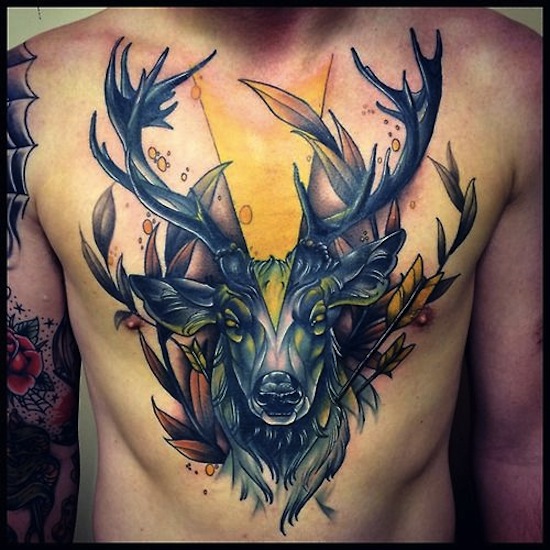 Chest and artistic deer tatoo in color