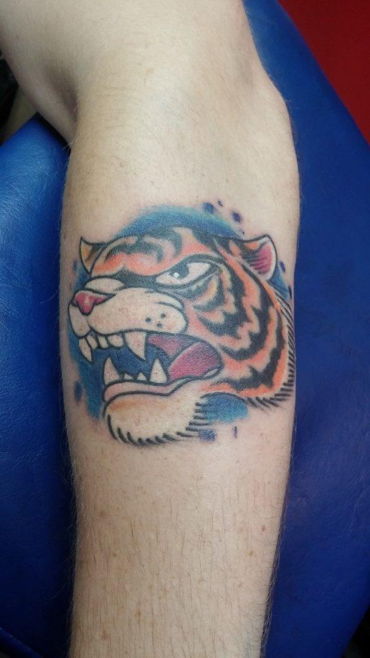 Colored tiger on the arm