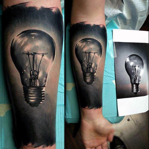 Dusty grey shaded realistic glass bulb tattoo male forearms
