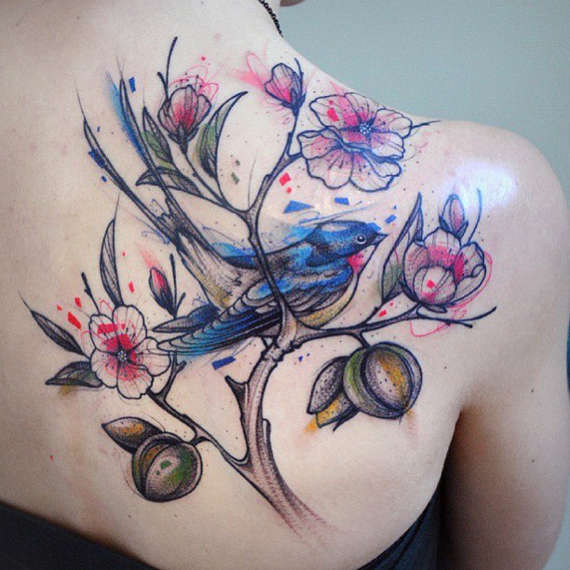 Flowered branch and bird