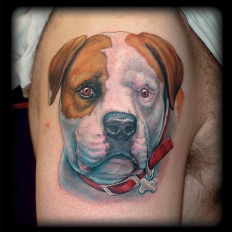 Full colored fealystic dog on shoulder