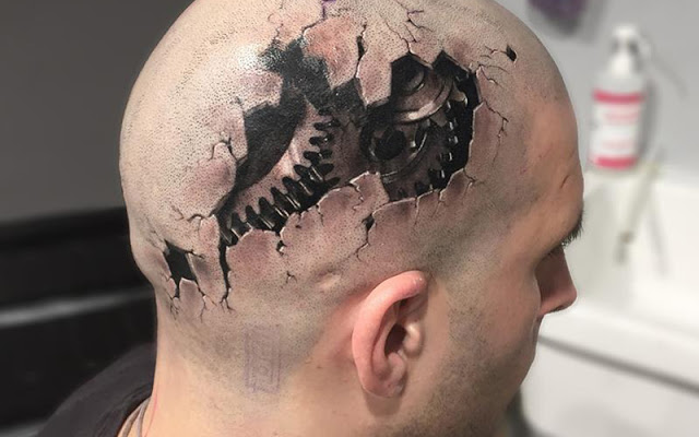 Gears realistic head tattoo