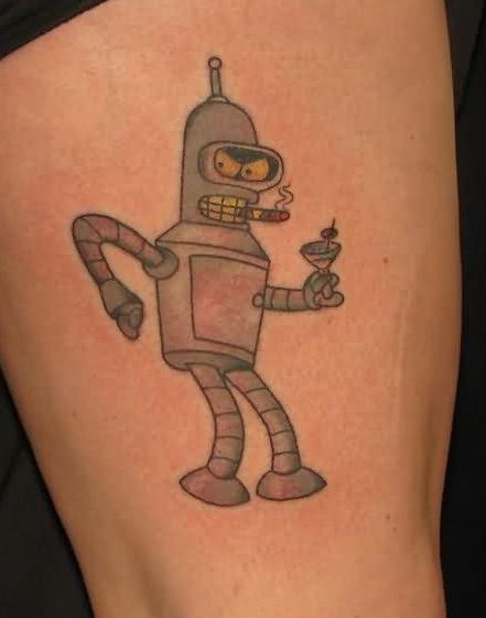 Grey ink cartoon robot tattoo