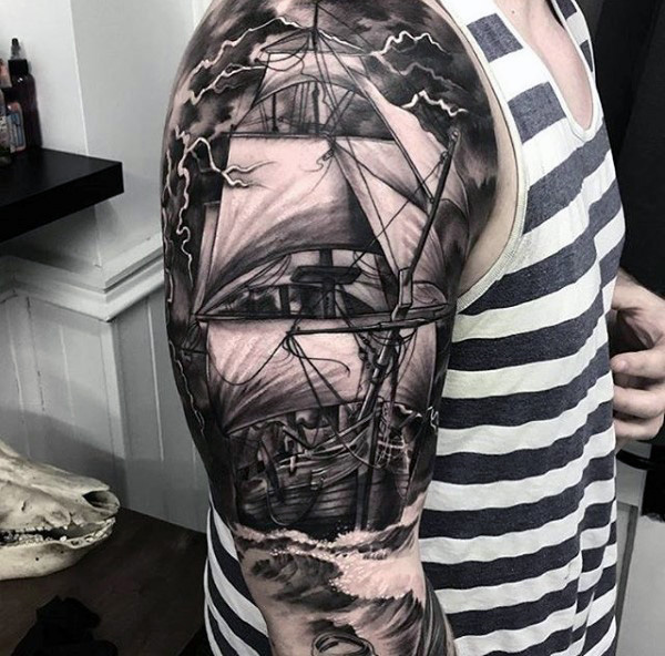 Guys full sleeve realistic tattoo of ship with majestic white sails