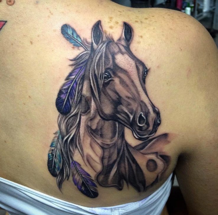 Hors header and feathers in color on back