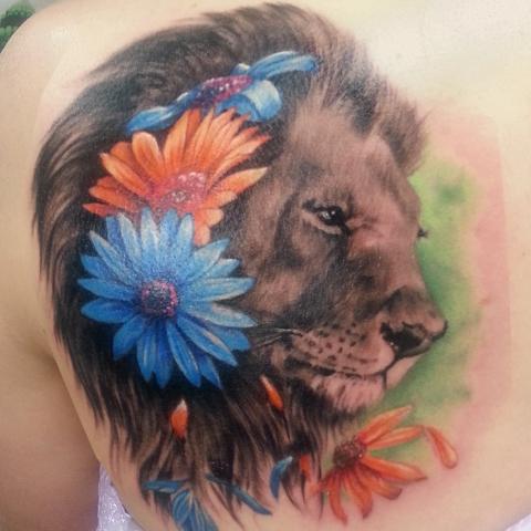 Lion in the flowers full colored