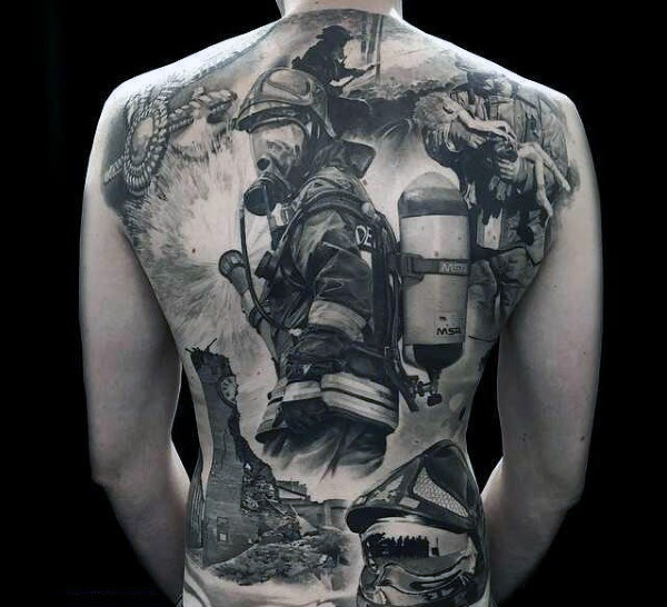 Male full back black and grey realism firemans tattoo
