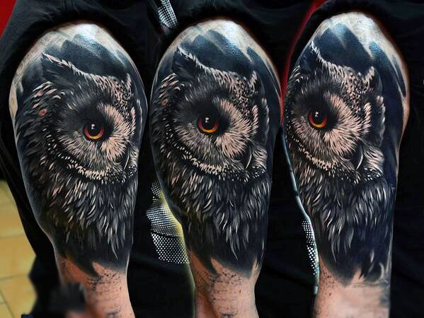 Male upper arms realistic owl tattoo
