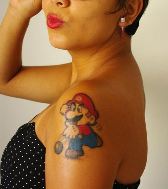 Mario in action colored cartoon on shoulder