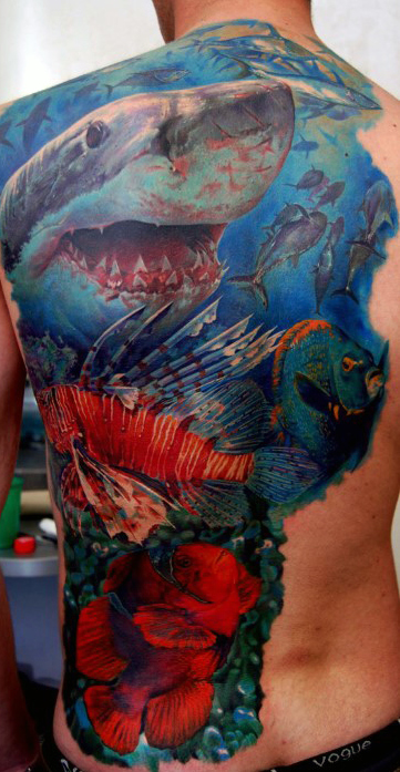 Mens back realistic underwater tattoo