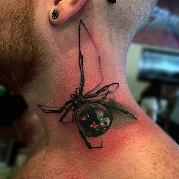 Neck realistic spider tattoo male