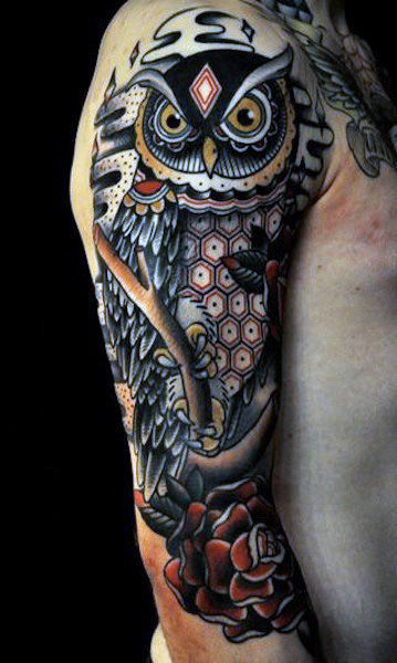 Owl and flower sleeve tattoos