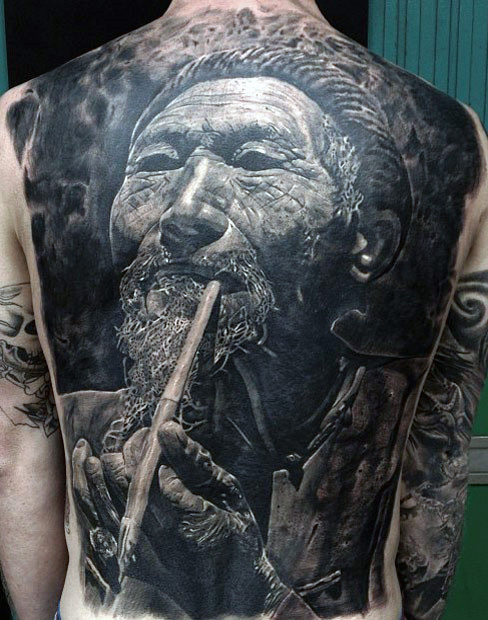 Realistic east asian man smoking on the back
