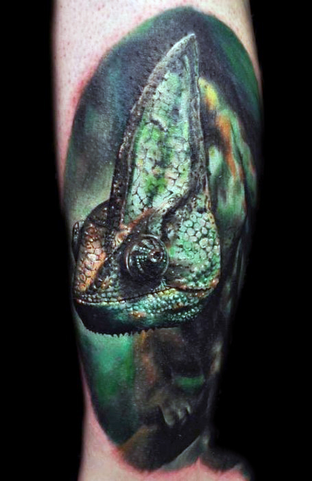 Realistic green skinned reptile tattoo mens forearms