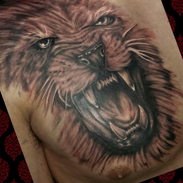 Realistic lions head in gray onchest