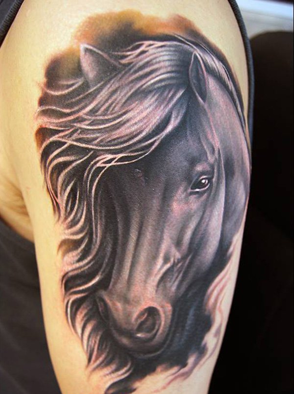 Realitic horse head on arm in gray