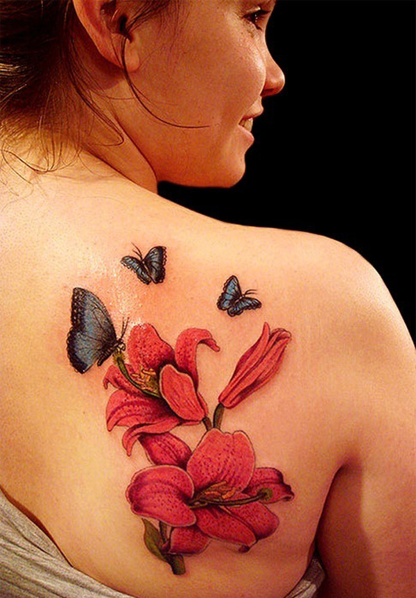 Red flowers with blue buterfly on shoulder