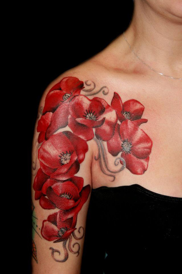 Shoulder full of red flowers