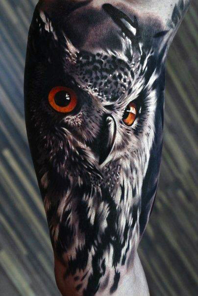 Solemn owl realistic tattoos male forearms
