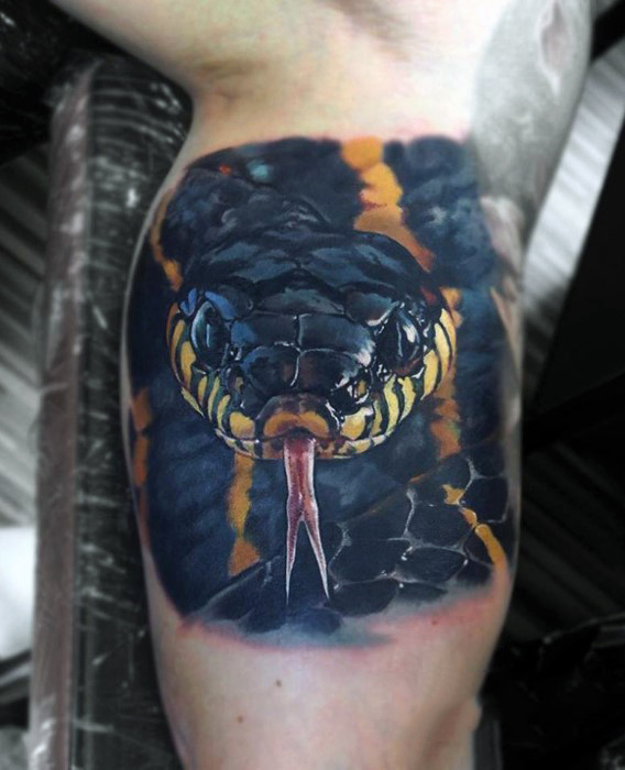 Striking cobra realism tattoo on mans bicep