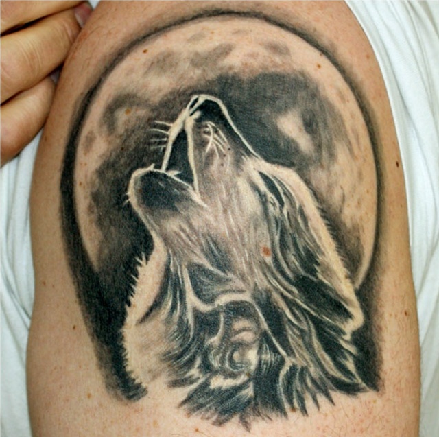 Wolf and the moon in grey on shoulder